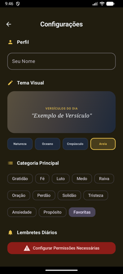 Tela de configurações do app